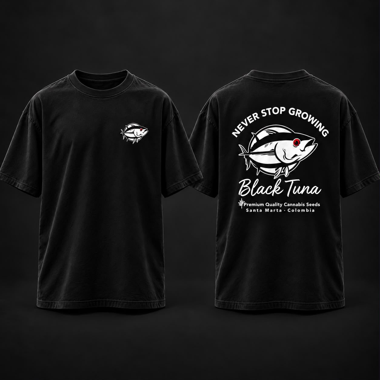 Camiseta negra Black Tuna, vista frontal y trasera